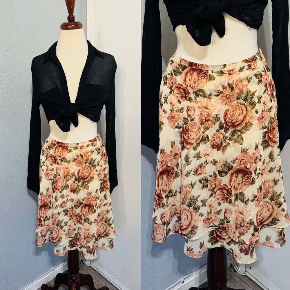 Y2K Vintage Express Floral Layered Chiffon Skirt Rose Print Cream M Cottagecore
